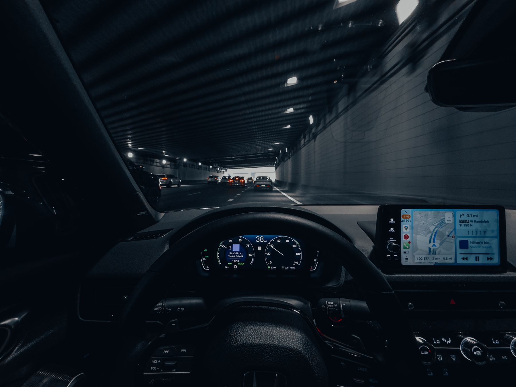The view from the driver's seat at night
